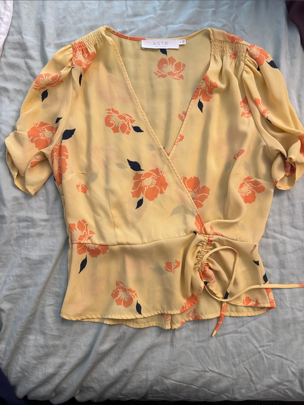 ASTR Yellow Floral Wrap Top with Orange Blooms